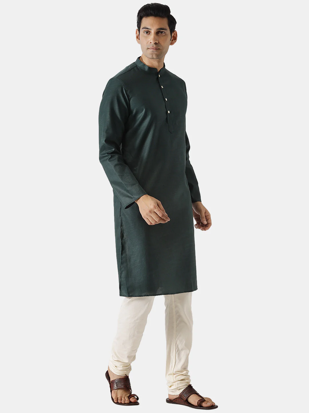 Dark Green Silk Blend Solid Long Kurta - Image 3