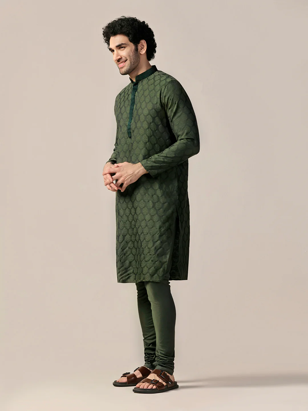 Dark Green Silk Blend Textured Long Kurta - Image 2