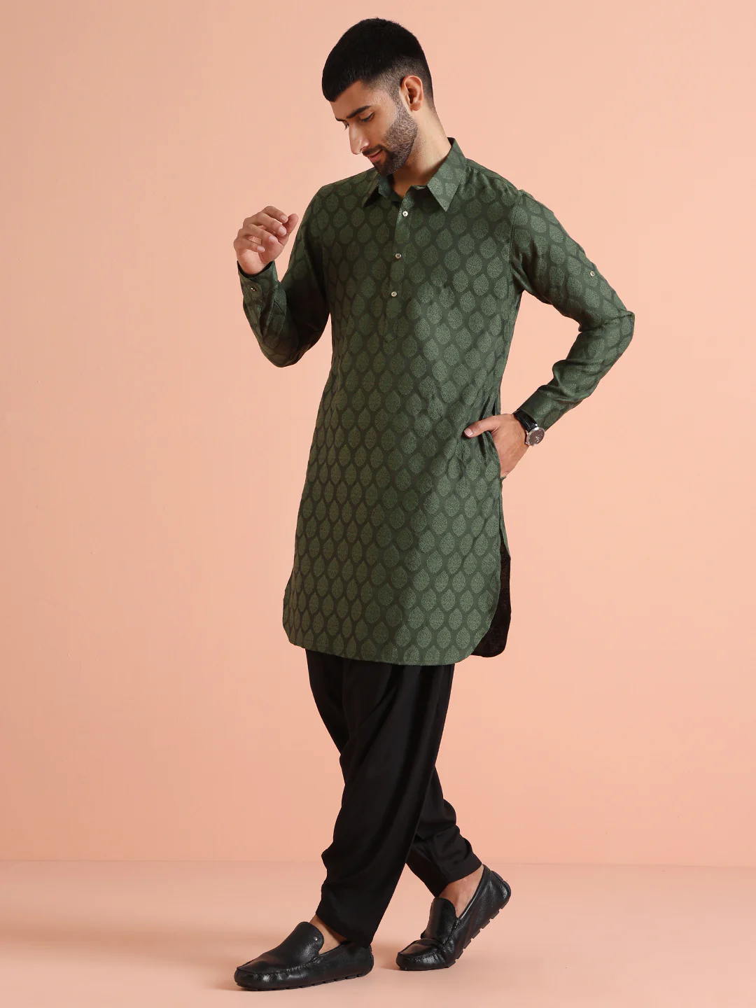 Green Silk Blend Textured Long Pathani Kurta - Image 3