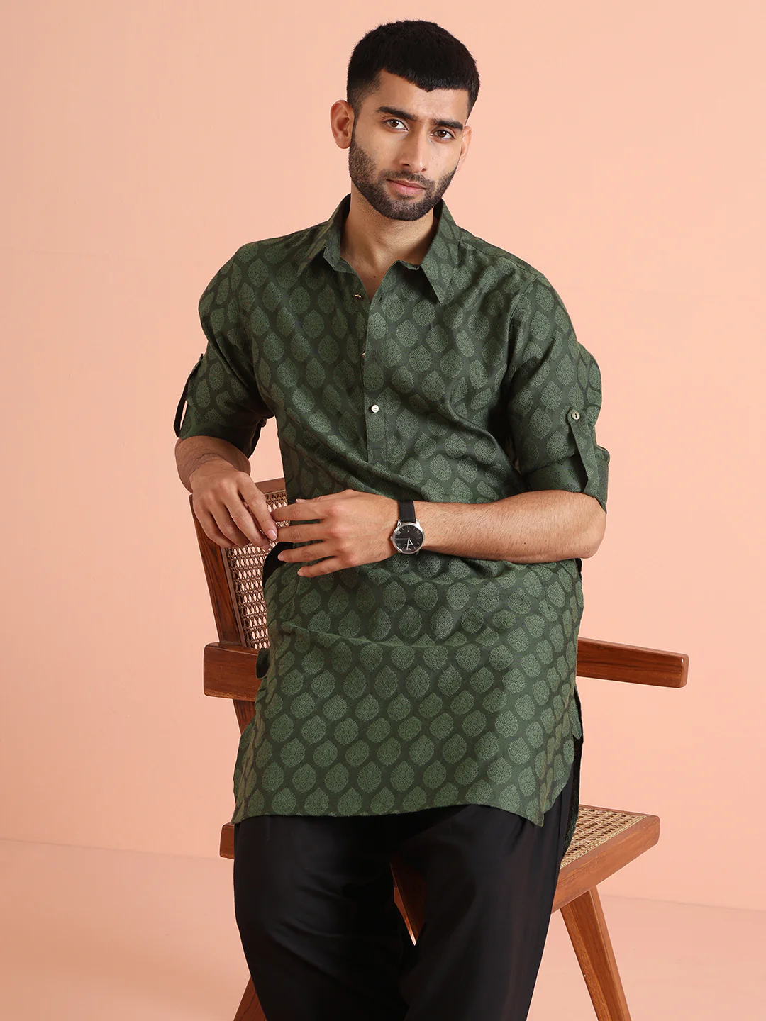 Green Silk Blend Textured Long Pathani Kurta - Image 6