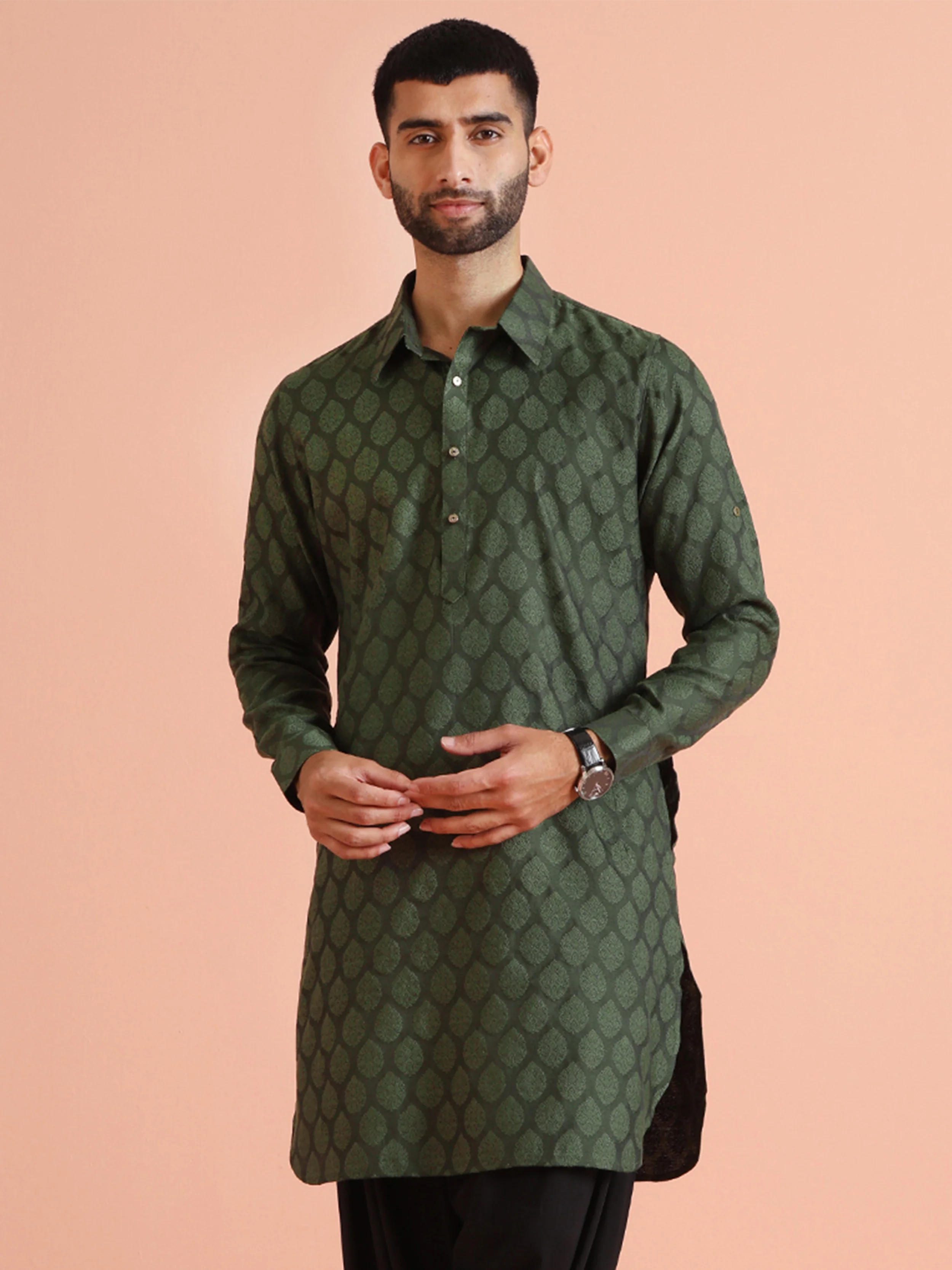 Green Silk Blend Textured Long Pathani Kurta - Image 7