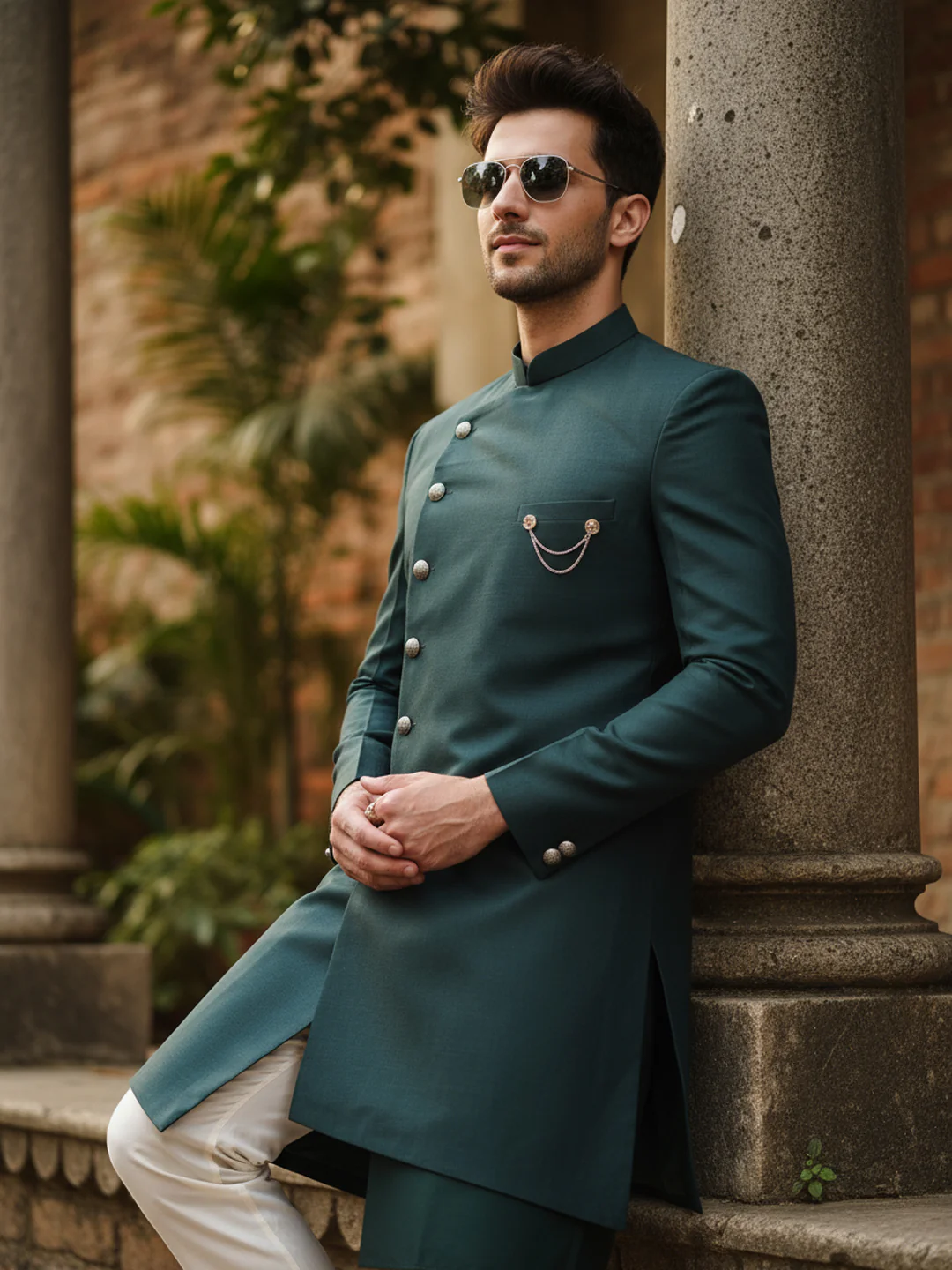 Deep Green Asymmetric Sherwani Trouser Set - Image 2