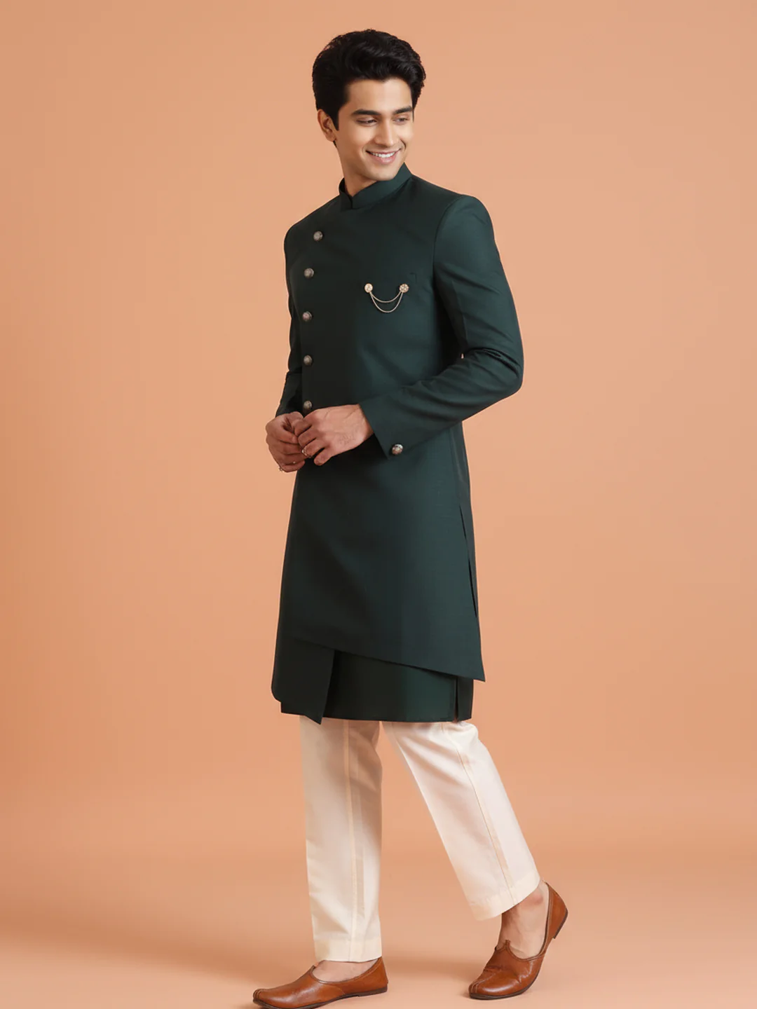 Deep Green Asymmetric Sherwani Trouser Set - Image 3
