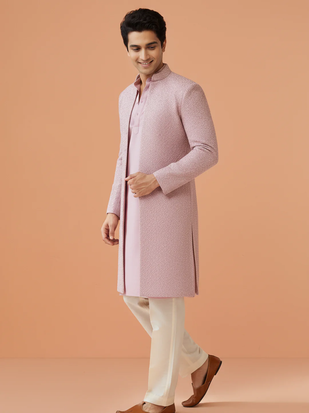 Dusty Pink Front-Open Sherwani Trouser Set - Image 3