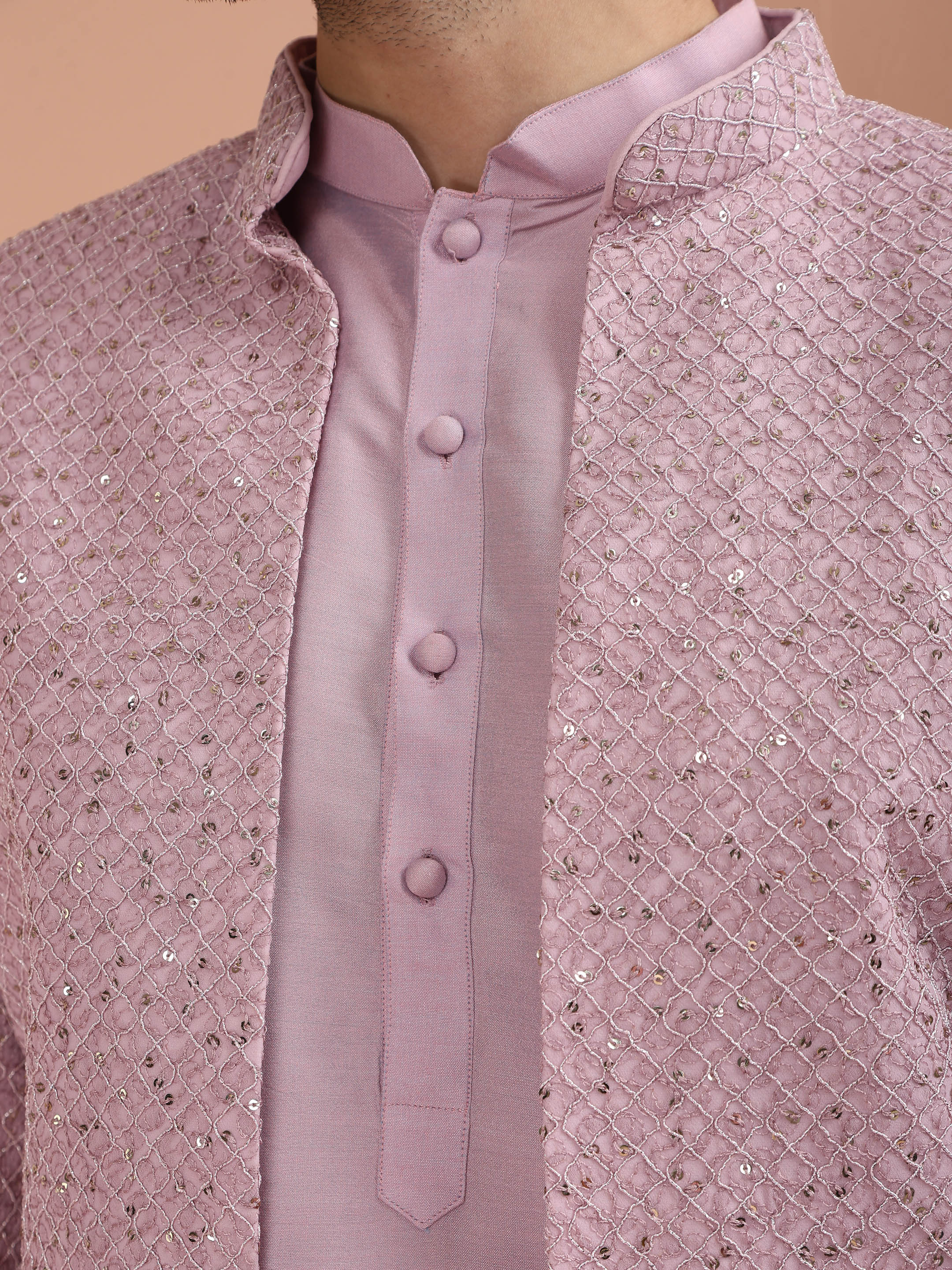 Dusty Pink Front-Open Sherwani Trouser Set - Image 5