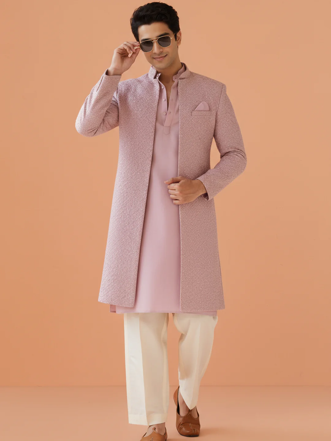 Dusty Pink Front-Open Sherwani Trouser Set - Image 7