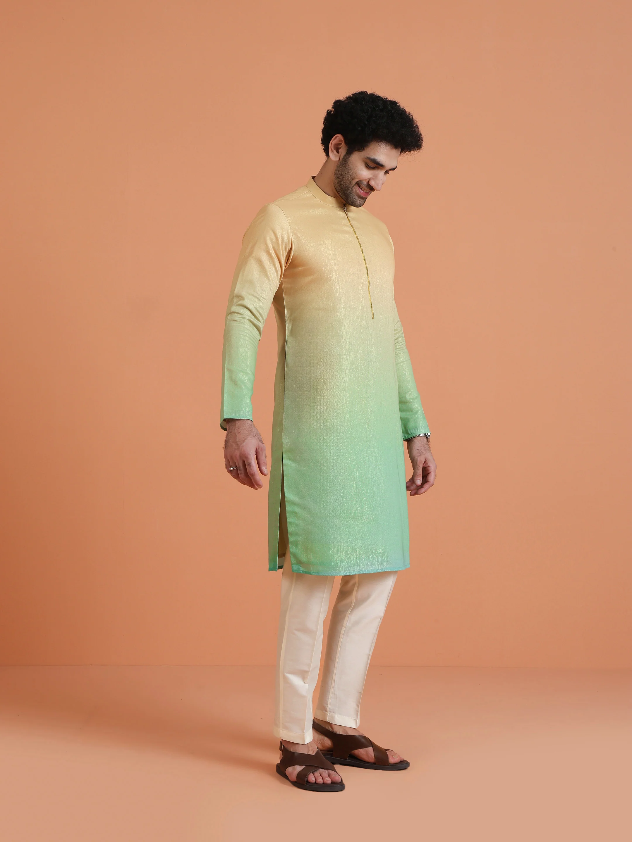 ellow-Green Ombre Dyed Kurta with Cream Trouser Set - Image 2