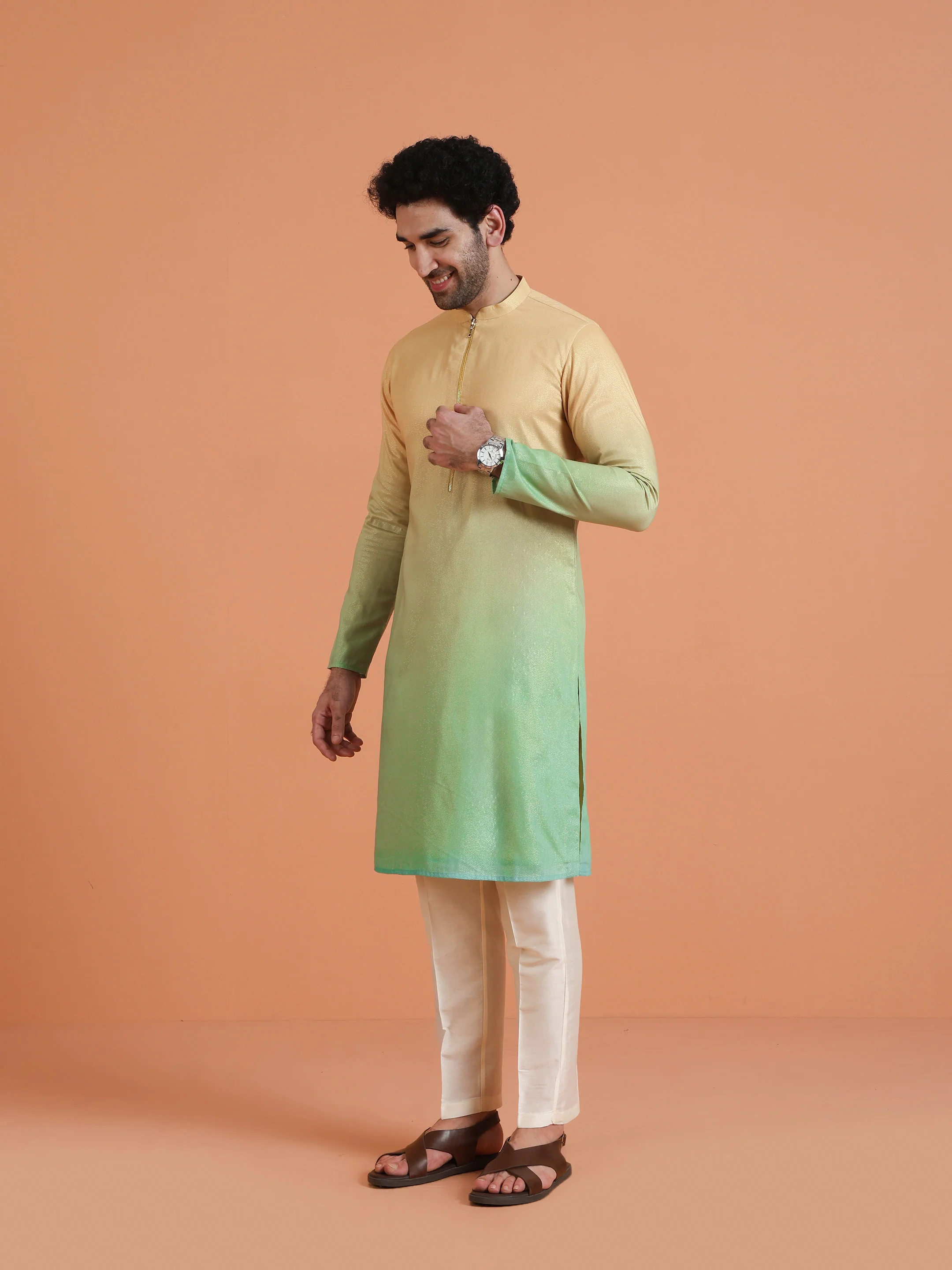 ellow-Green Ombre Dyed Kurta with Cream Trouser Set - Image 3
