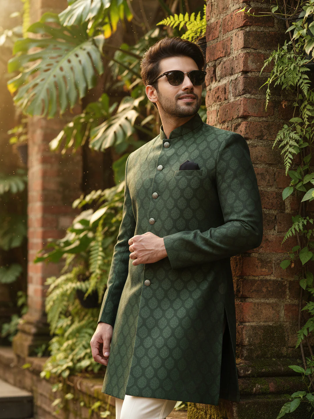 Emerald Green Jacquard Sherwani Trouser Set - Image 2
