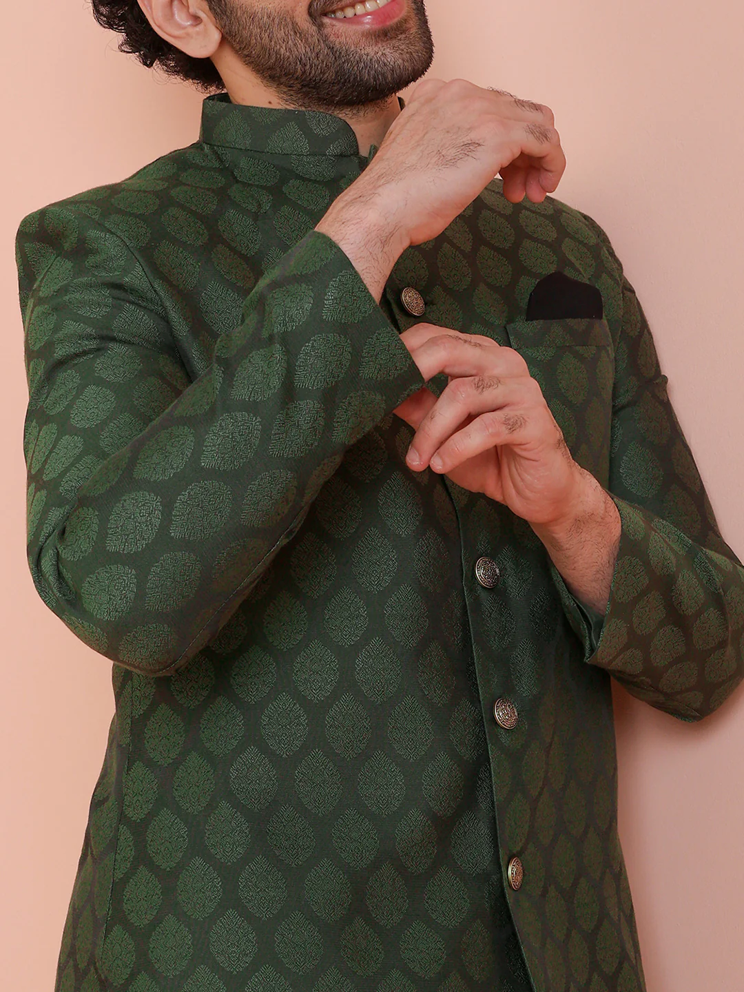 Emerald Green Jacquard Sherwani Trouser Set - Image 4