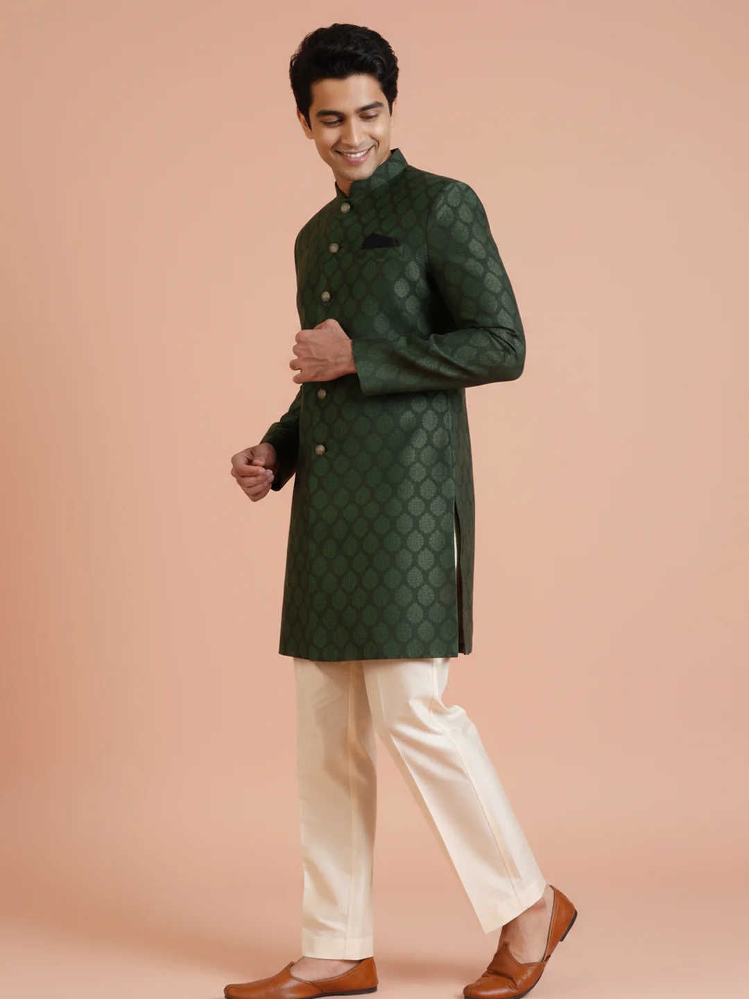 Emerald Green Jacquard Sherwani Trouser Set - Image 6