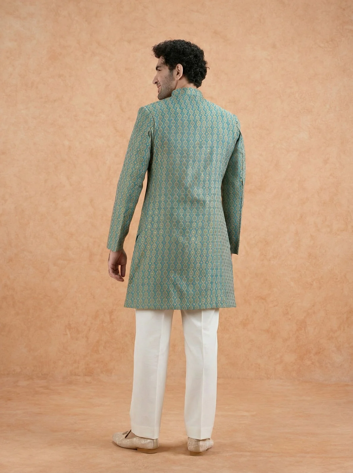 Forest Green Silk Blend Jacquard Sherwani Wide Leg Trouser Set - Image 3