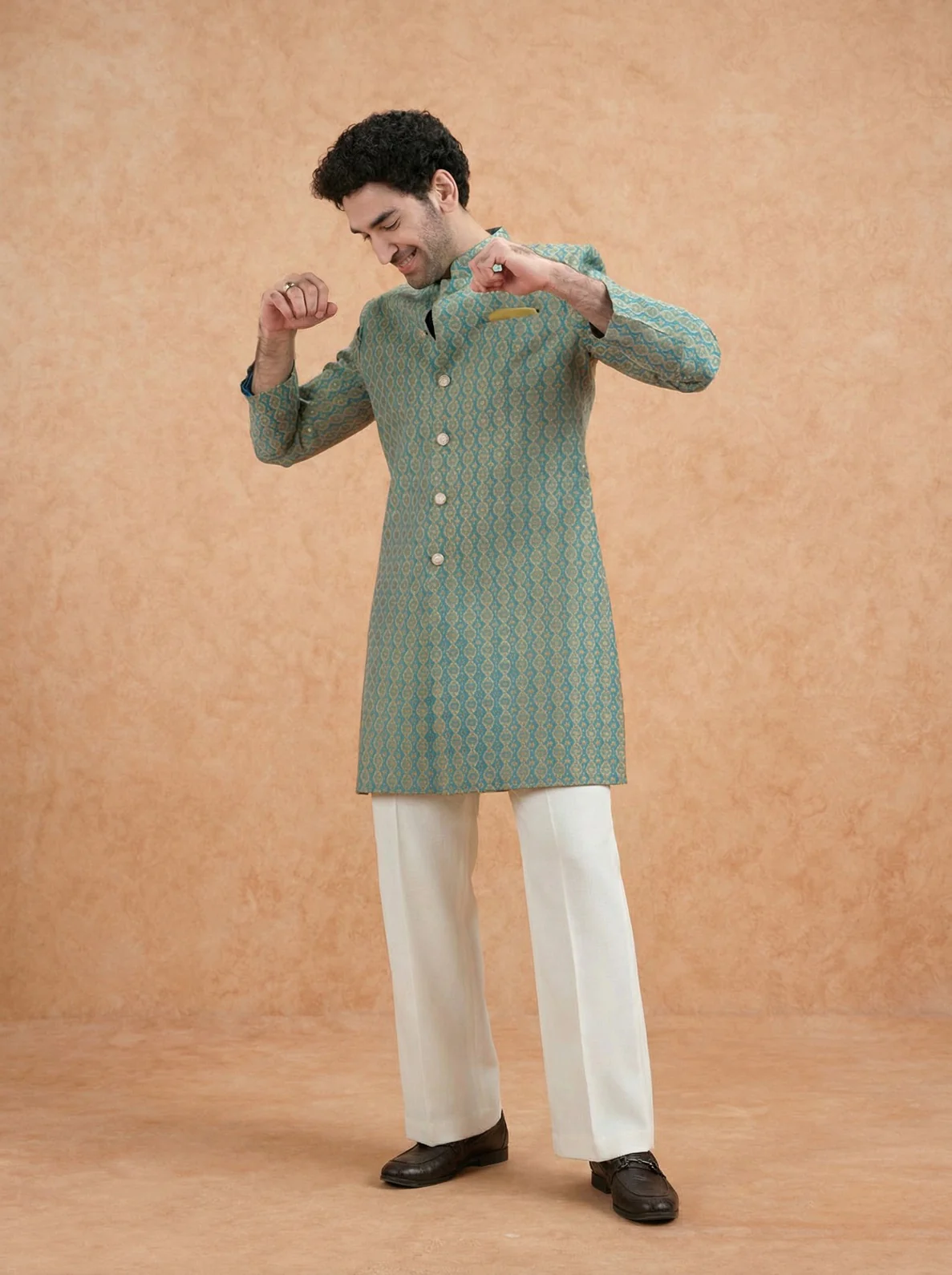 Forest Green Silk Blend Jacquard Sherwani Wide Leg Trouser Set - Image 7