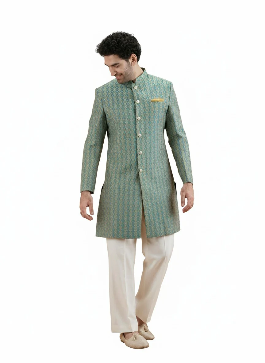 Forest Green Silk Blend Jacquard Sherwani Wide Leg Trouser Set - Image 9