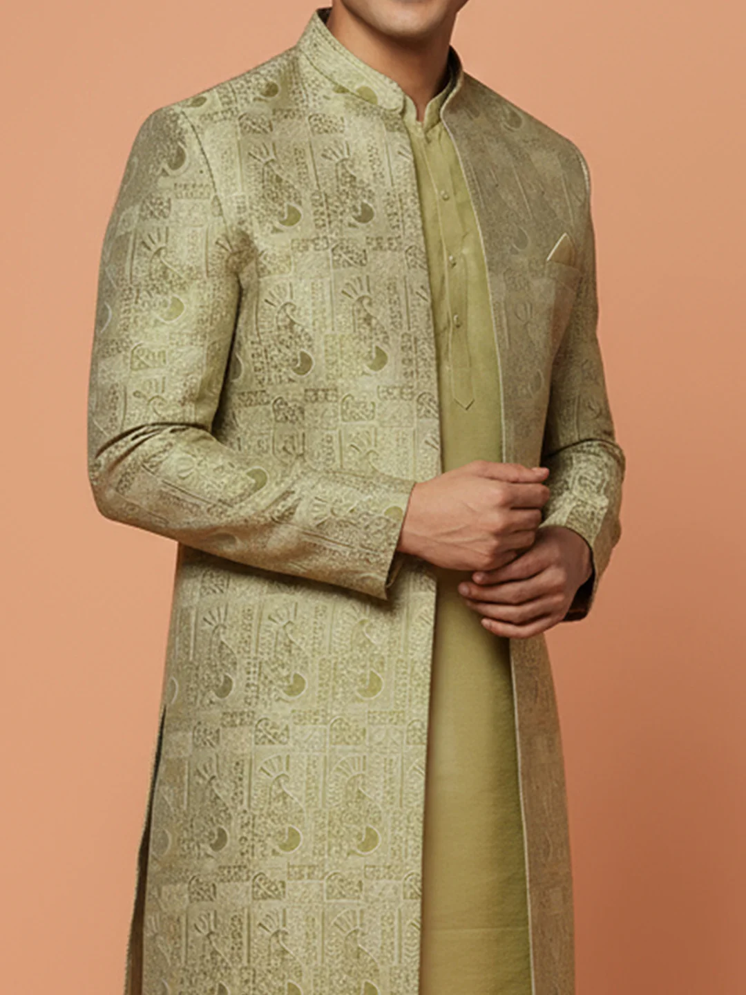 Gold Brocade Front-Open Sherwani Set - Image 4