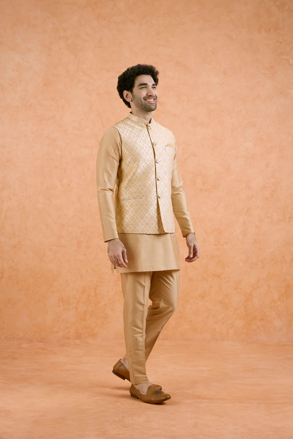 Gold Jacquard Silk Blend Kurta Jacket Set - Image 2
