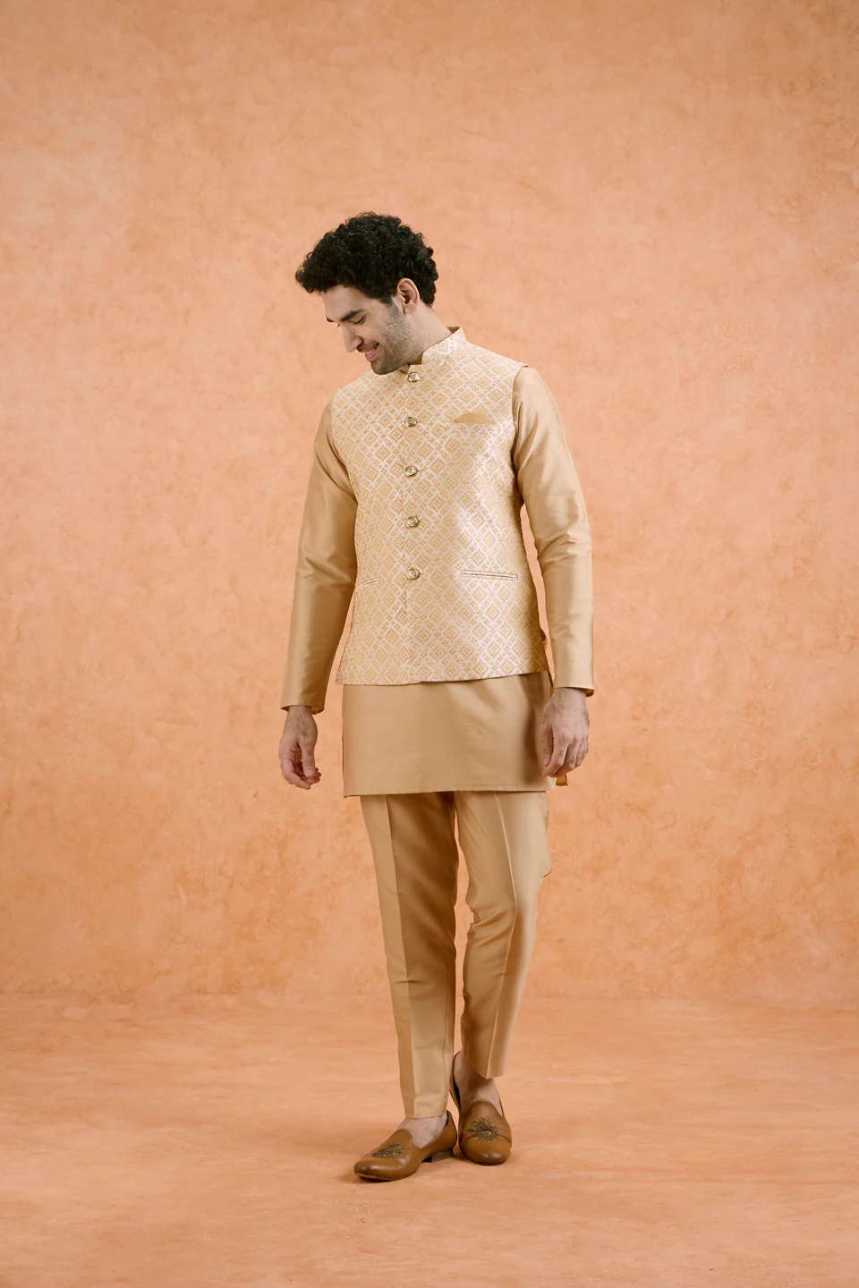 Gold Jacquard Silk Blend Kurta Jacket Set - Image 3