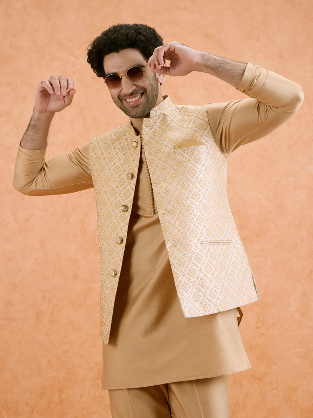 Gold Jacquard Silk Blend Kurta Jacket Set - Image 8