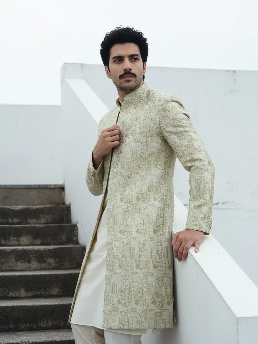 Gold Printed Sherwani Trouser Set - Image 2