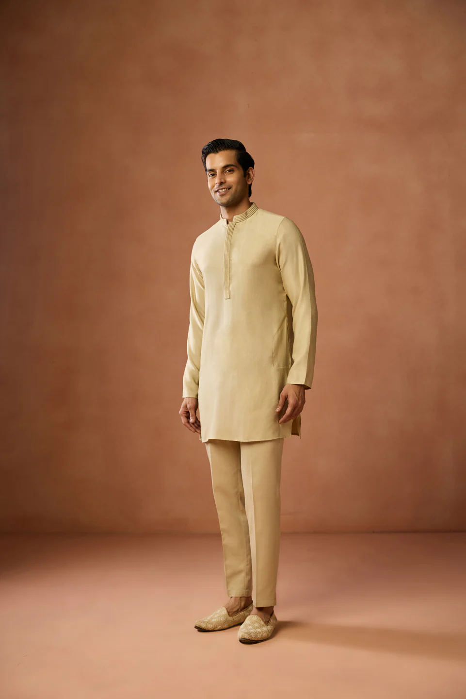 Golden Beige Solid Mid Kurta Trouser Set - Image 2