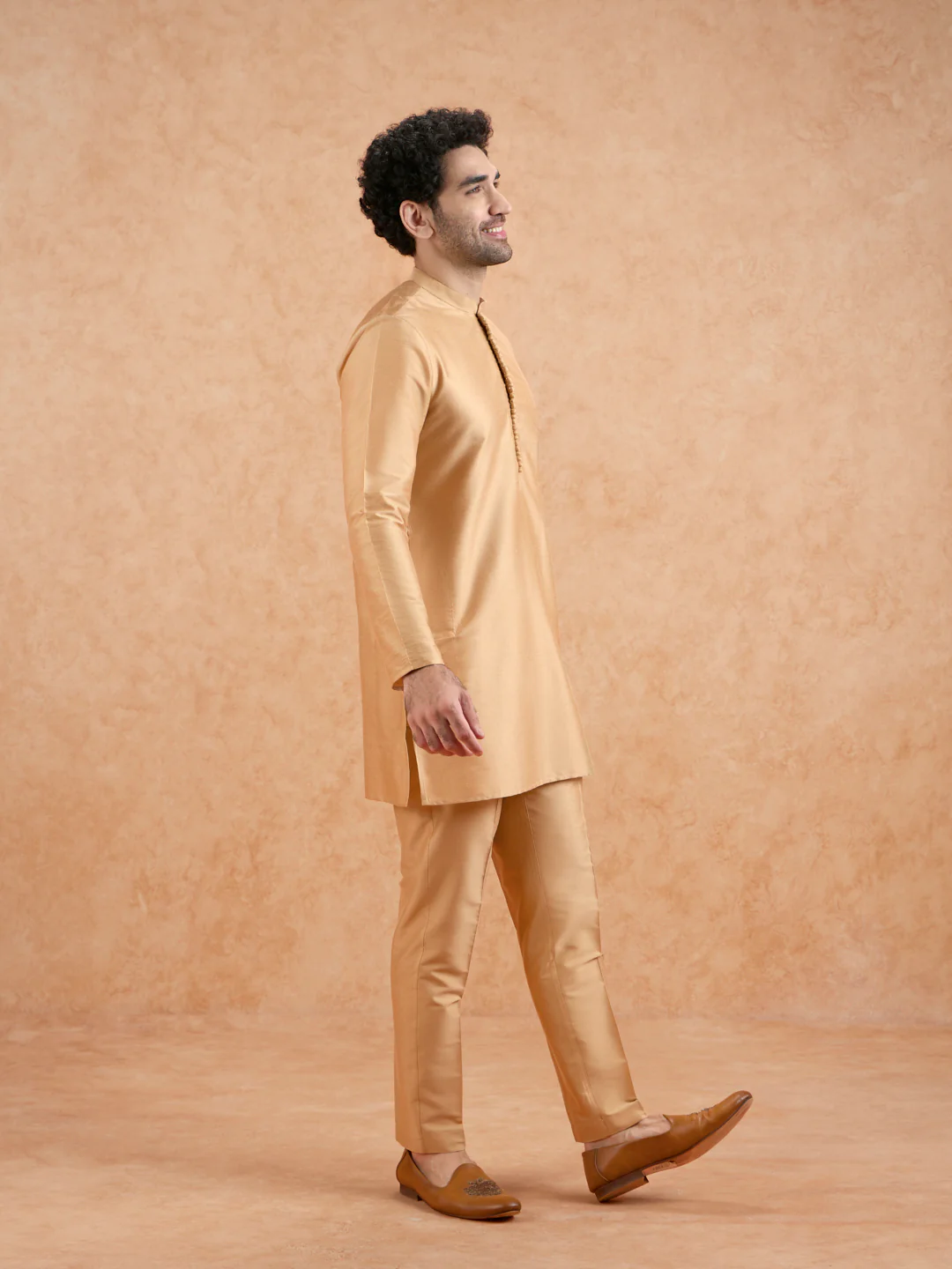 Golden Poly Silk Solid Mid Kurta Trouser Set - Image 3