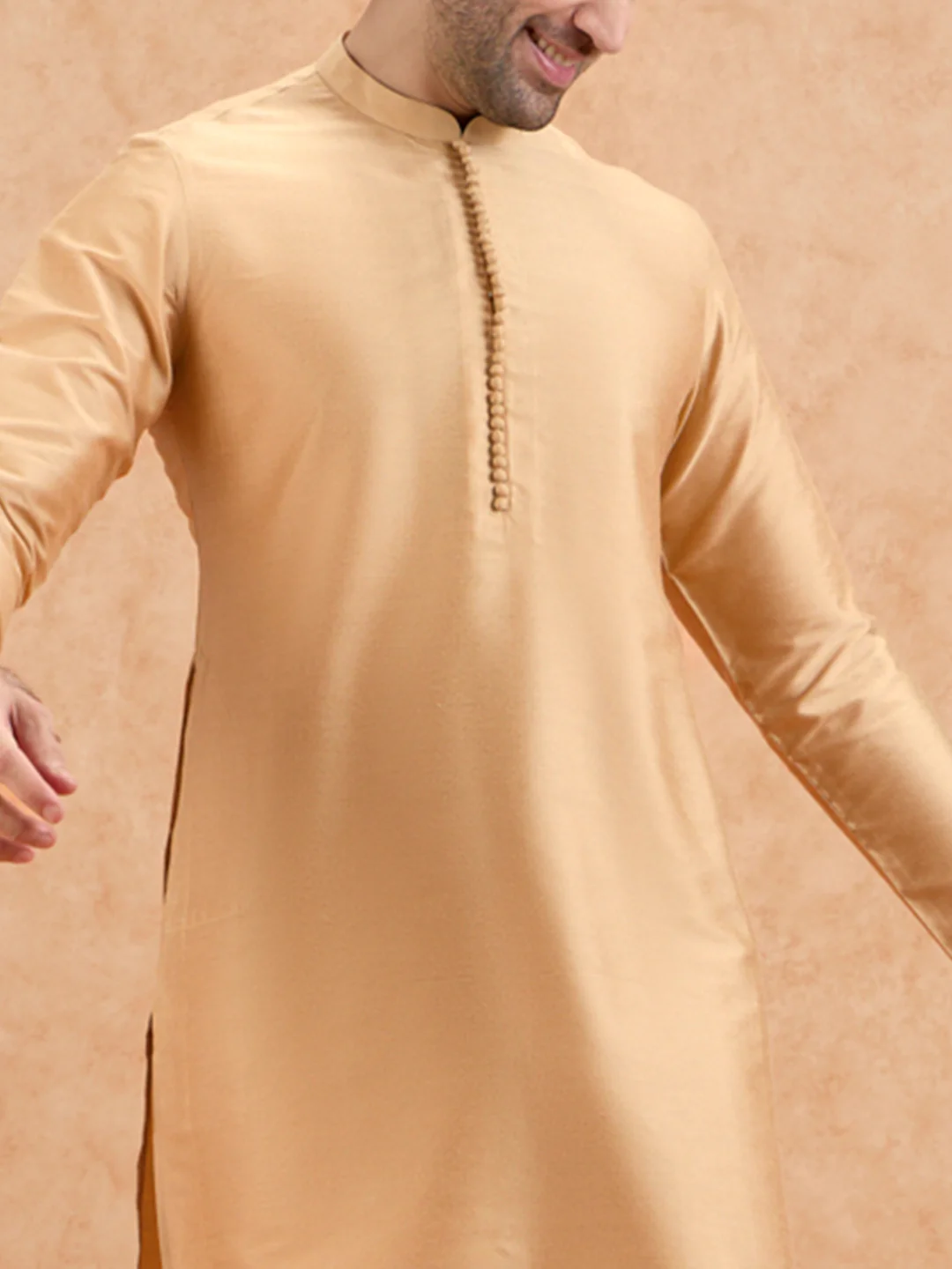 Golden Poly Silk Solid Mid Kurta Trouser Set - Image 5