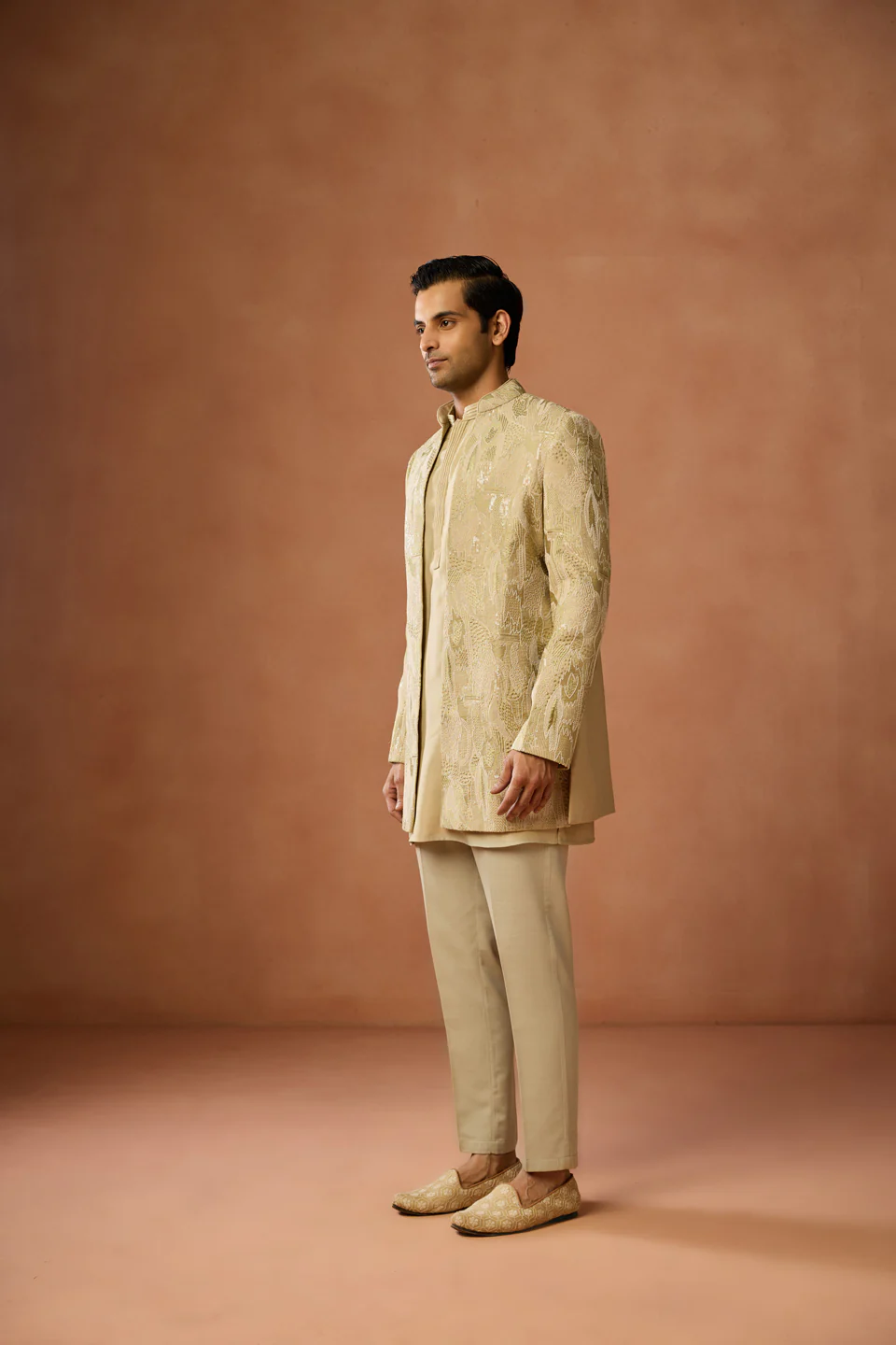 Golden Silk Blend Embroidered Short Sherwani Kurta Set - Image 2