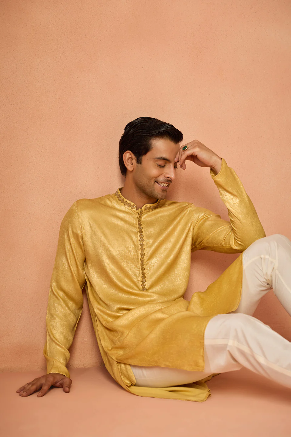 Golden Yellow Silk Blend Embroidered Kurta - Image 7