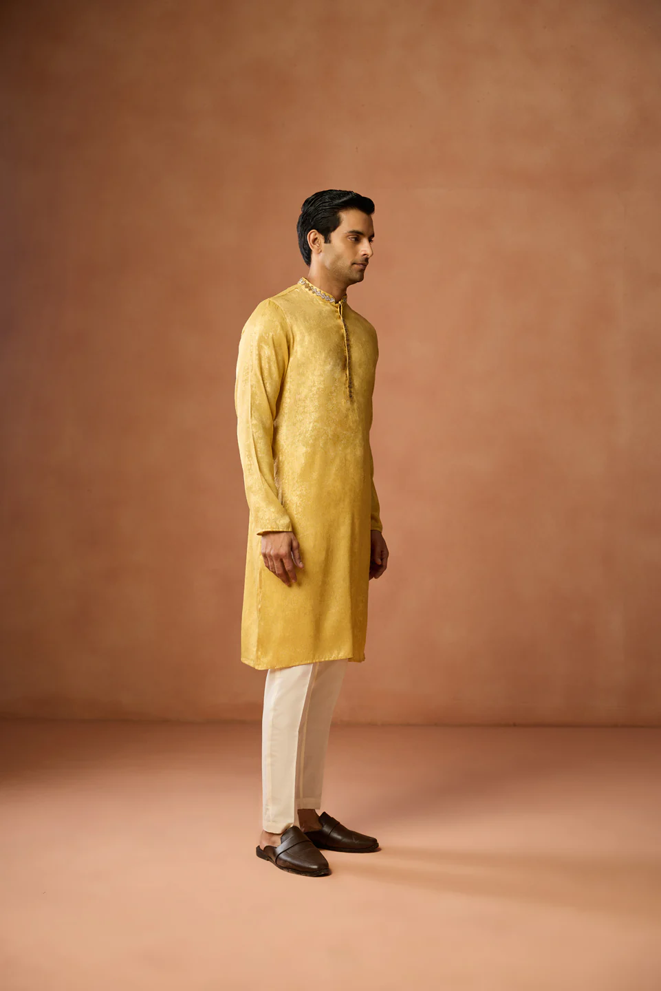 Golden Yellow Silk Blend Embroidered Kurta Trouser Set - Image 2