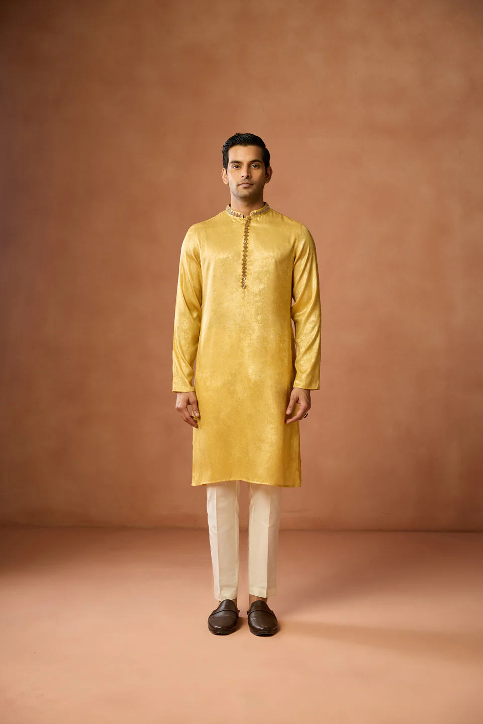 Golden Yellow Silk Blend Embroidered Kurta Trouser Set - Image 3