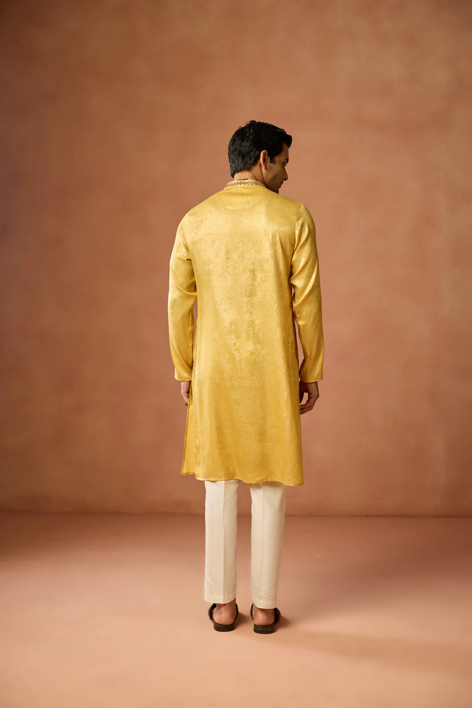 Golden Yellow Silk Blend Embroidered Kurta Trouser Set - Image 4