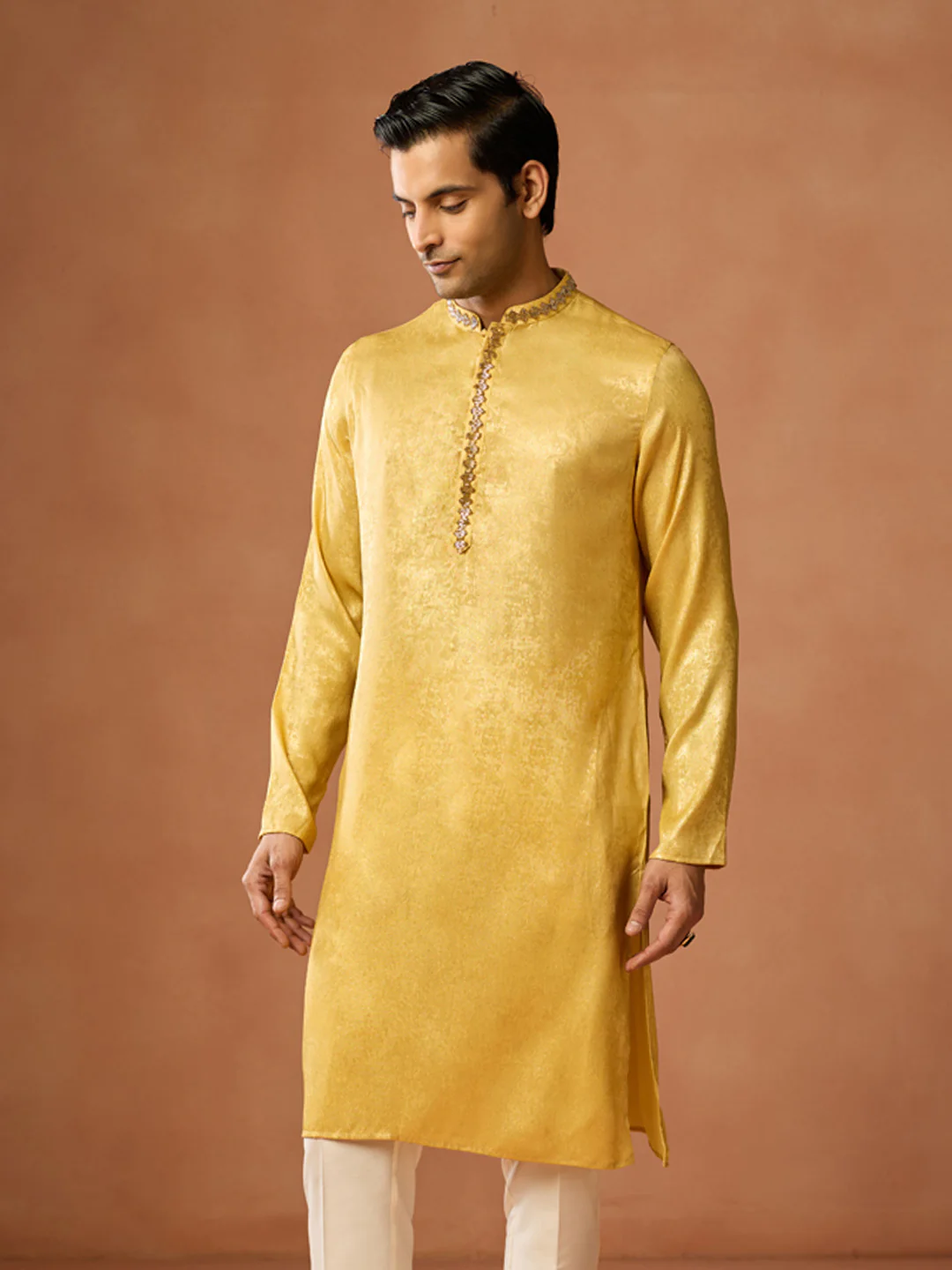 Golden Yellow Silk Blend Embroidered Kurta Trouser Set - Image 8