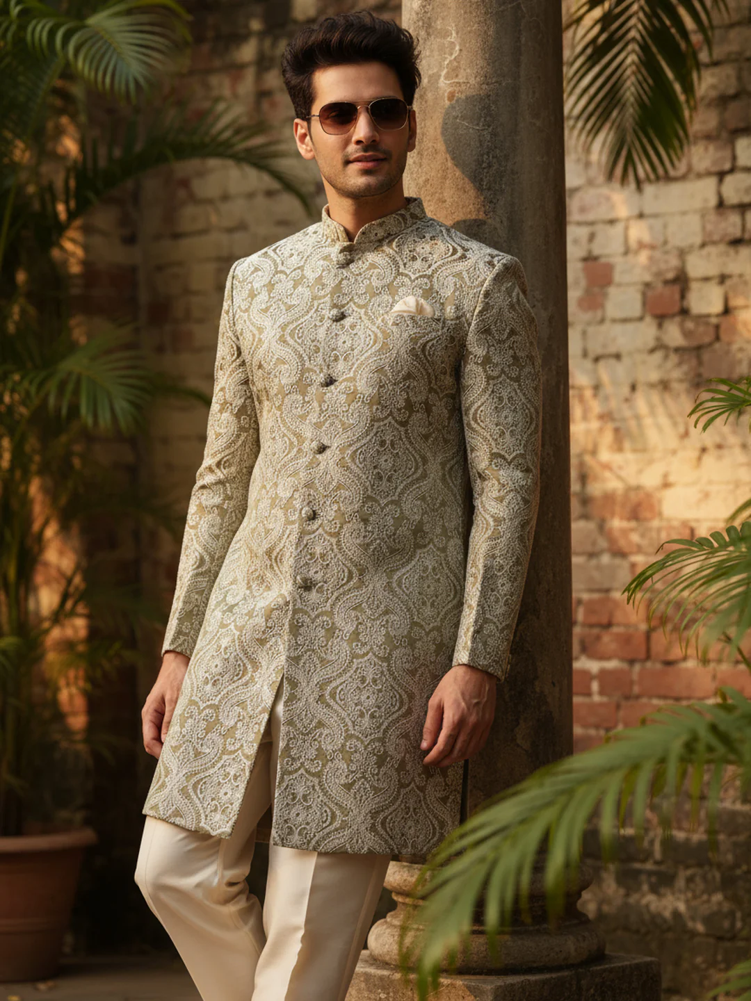 Green Brocade Sherwani Trouser Set - Image 2