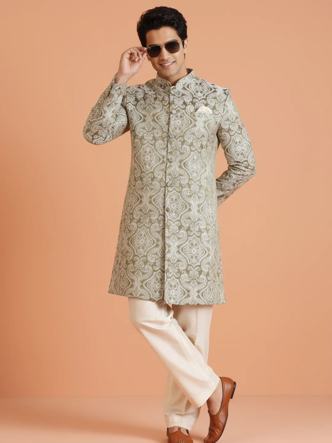 Green Brocade Sherwani Trouser Set - Image 3