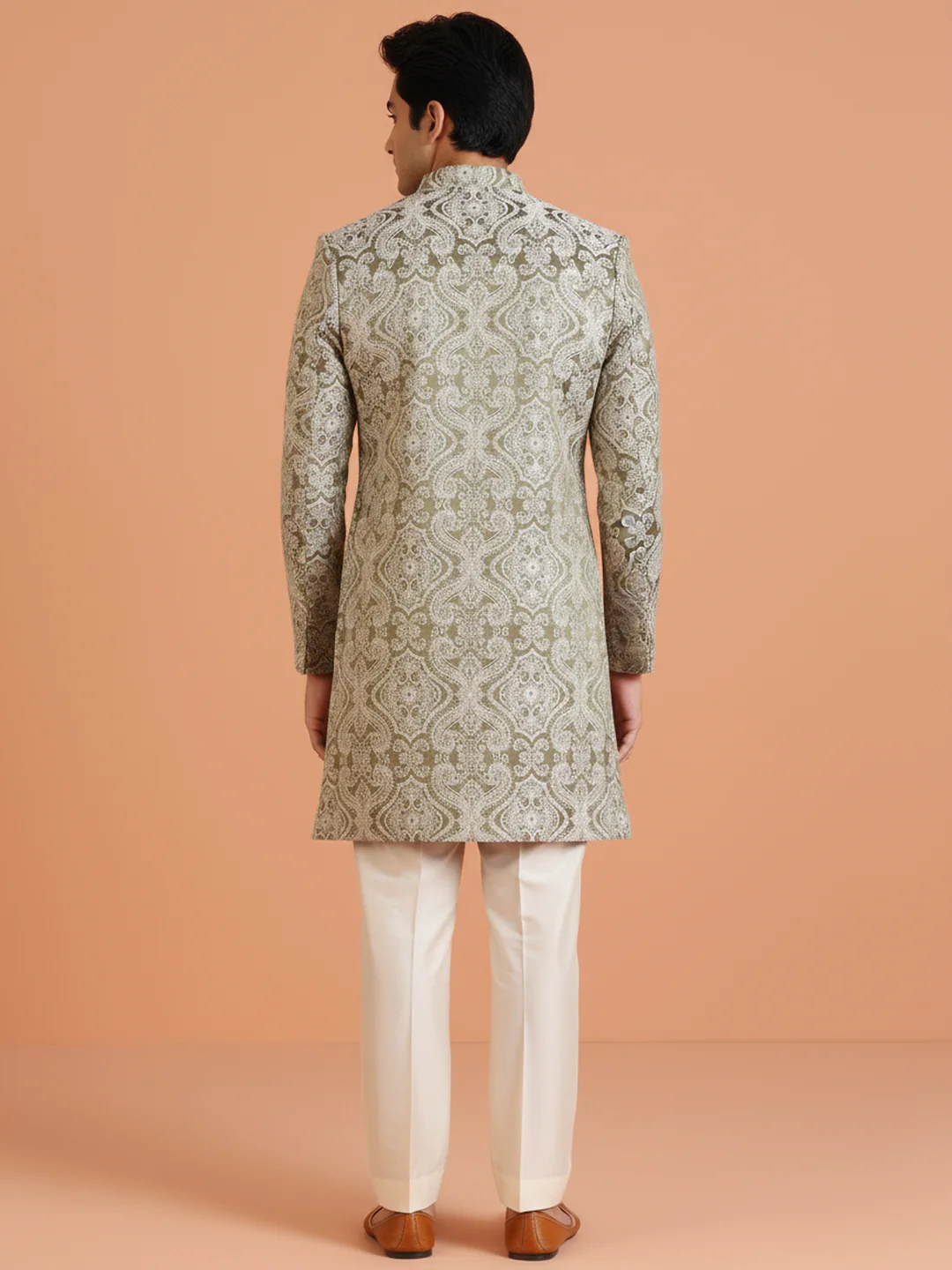 Green Brocade Sherwani Trouser Set - Image 4
