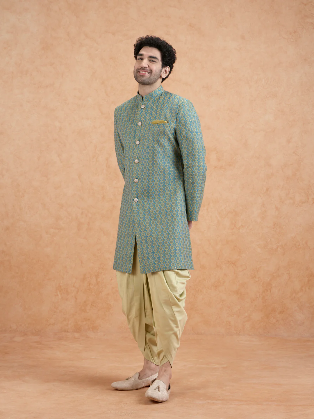 Green Brocade Sherwani with Dhoti - Image 2