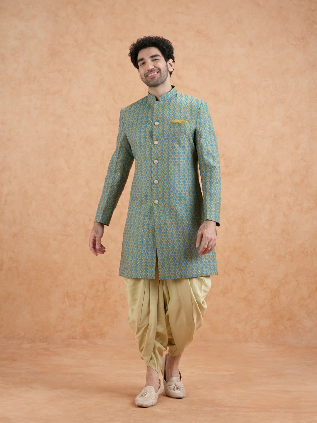 Green Brocade Sherwani with Dhoti - Image 3