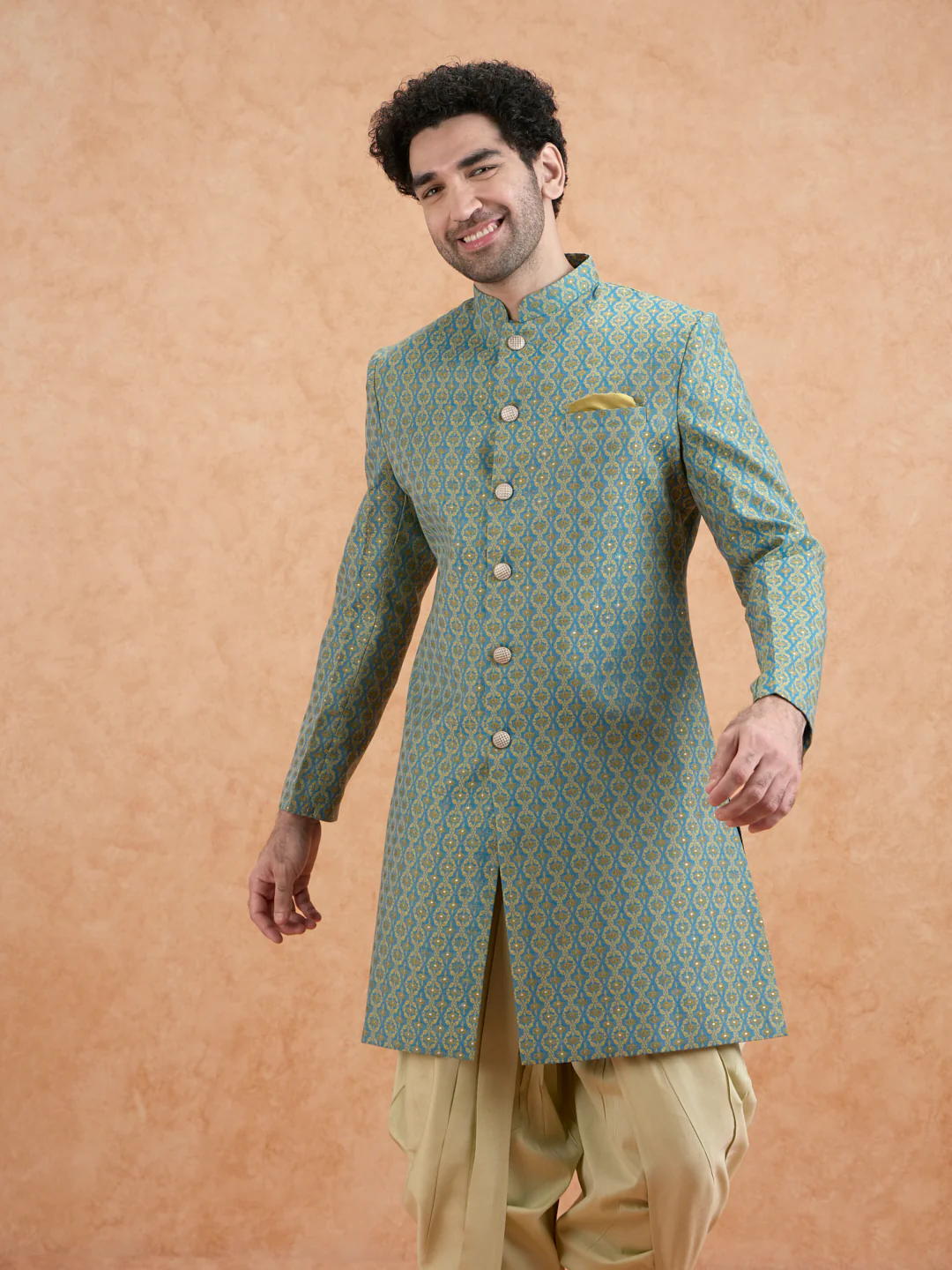 Green Brocade Sherwani with Dhoti - Image 8