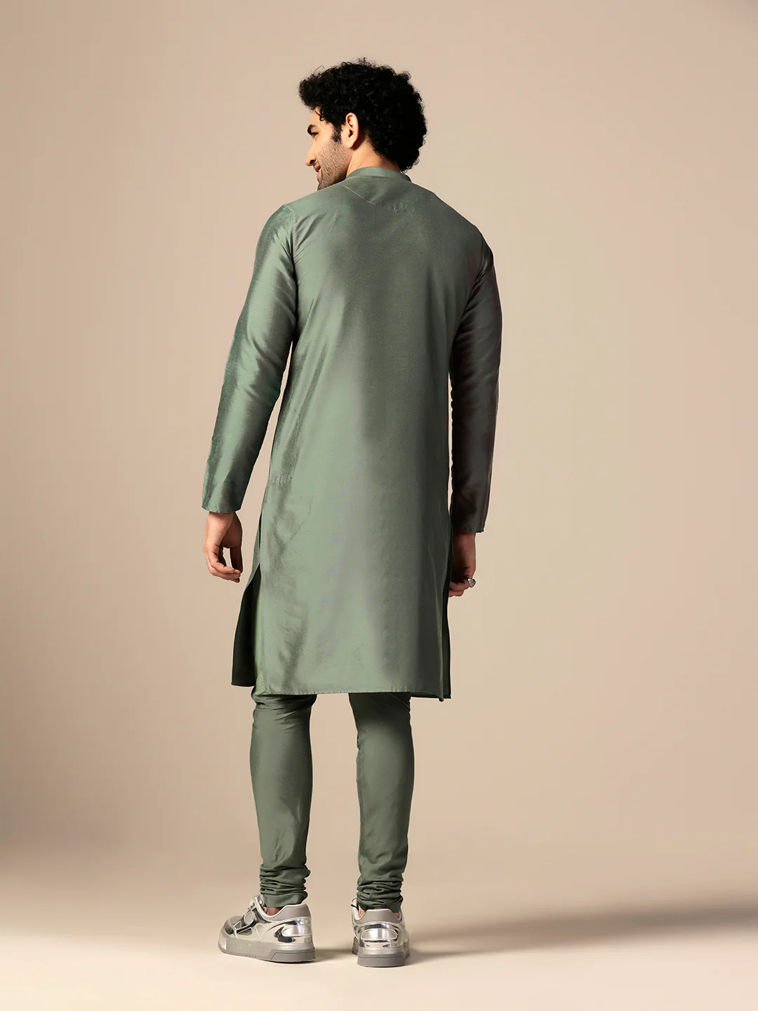 Green Cotton Blend Embellished Kurta Churidar Set - Image 4