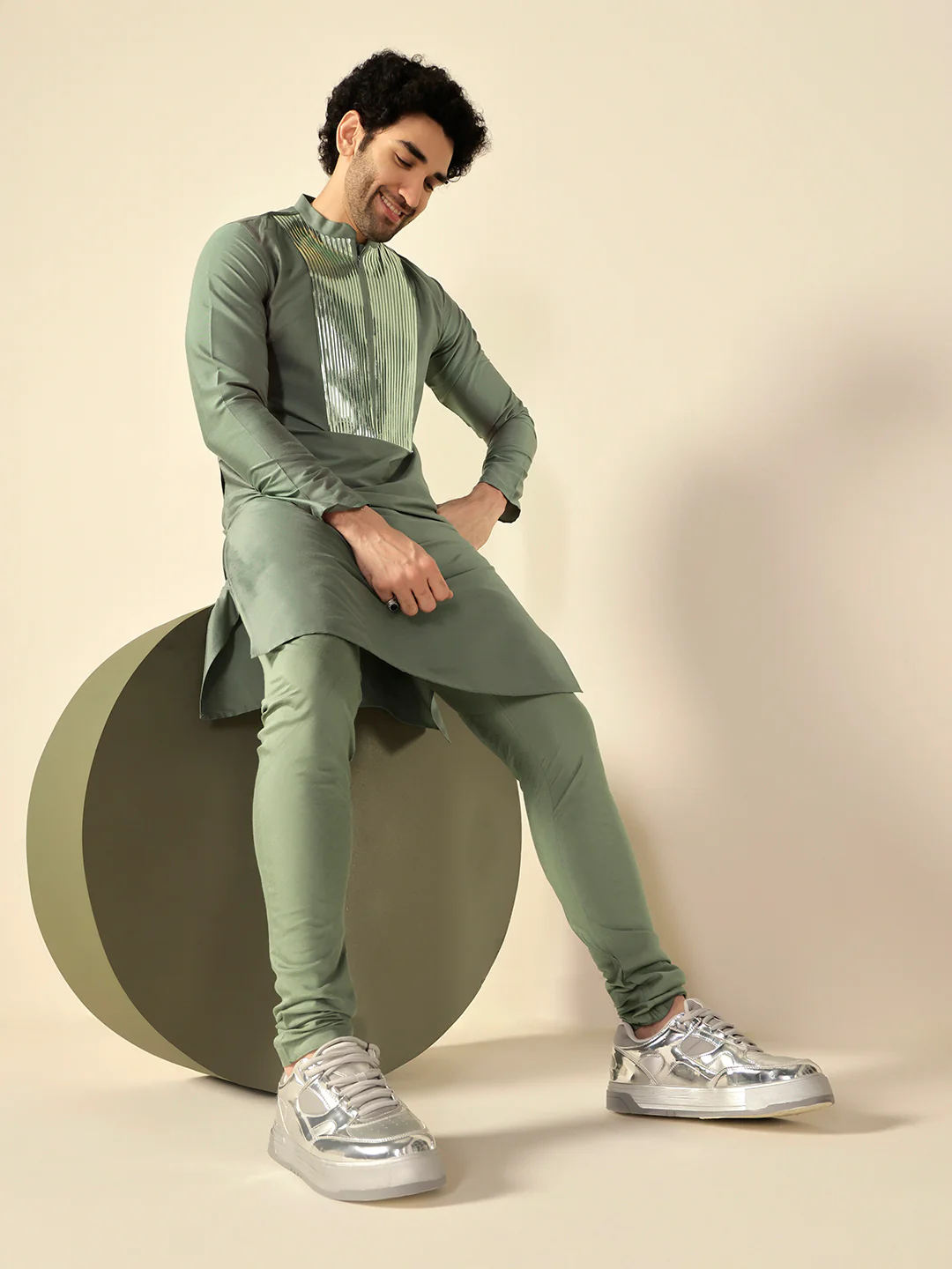 Green Cotton Blend Embellished Kurta Churidar Set - Image 7
