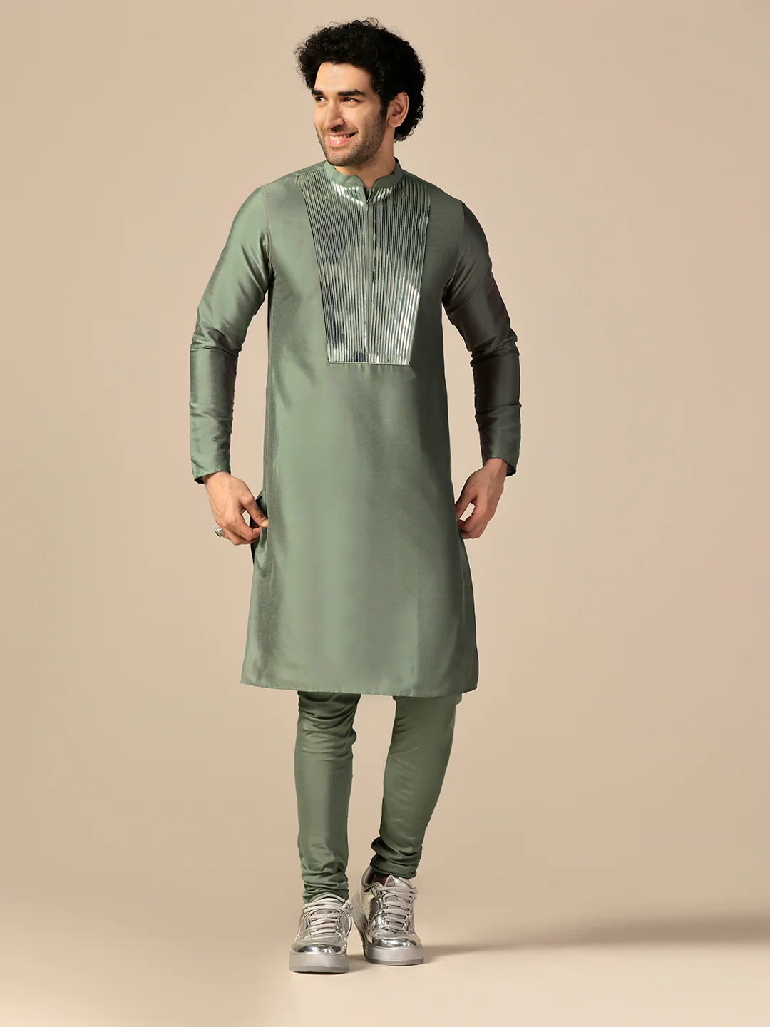 Green Cotton Blend Embellished Kurta Churidar Set - Image 8