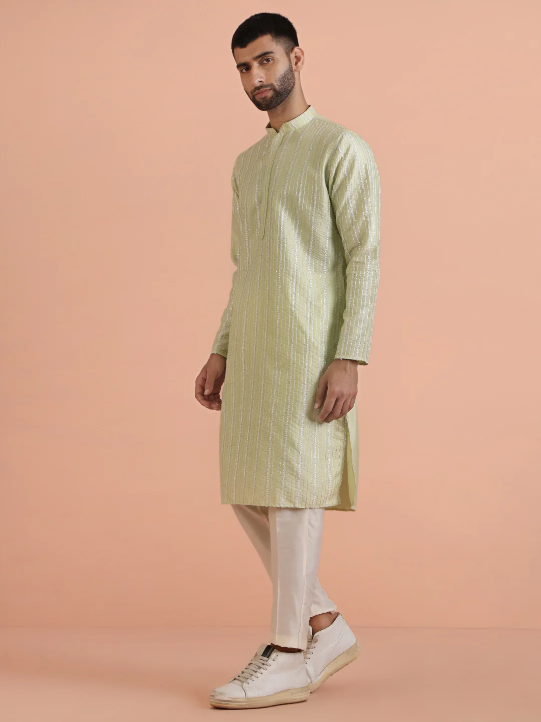 Green Cotton Blend Embroidered Kurta Trouser Set - Image 3