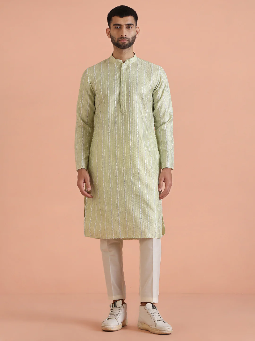 Green Cotton Blend Embroidered Kurta Trouser Set - Image 8