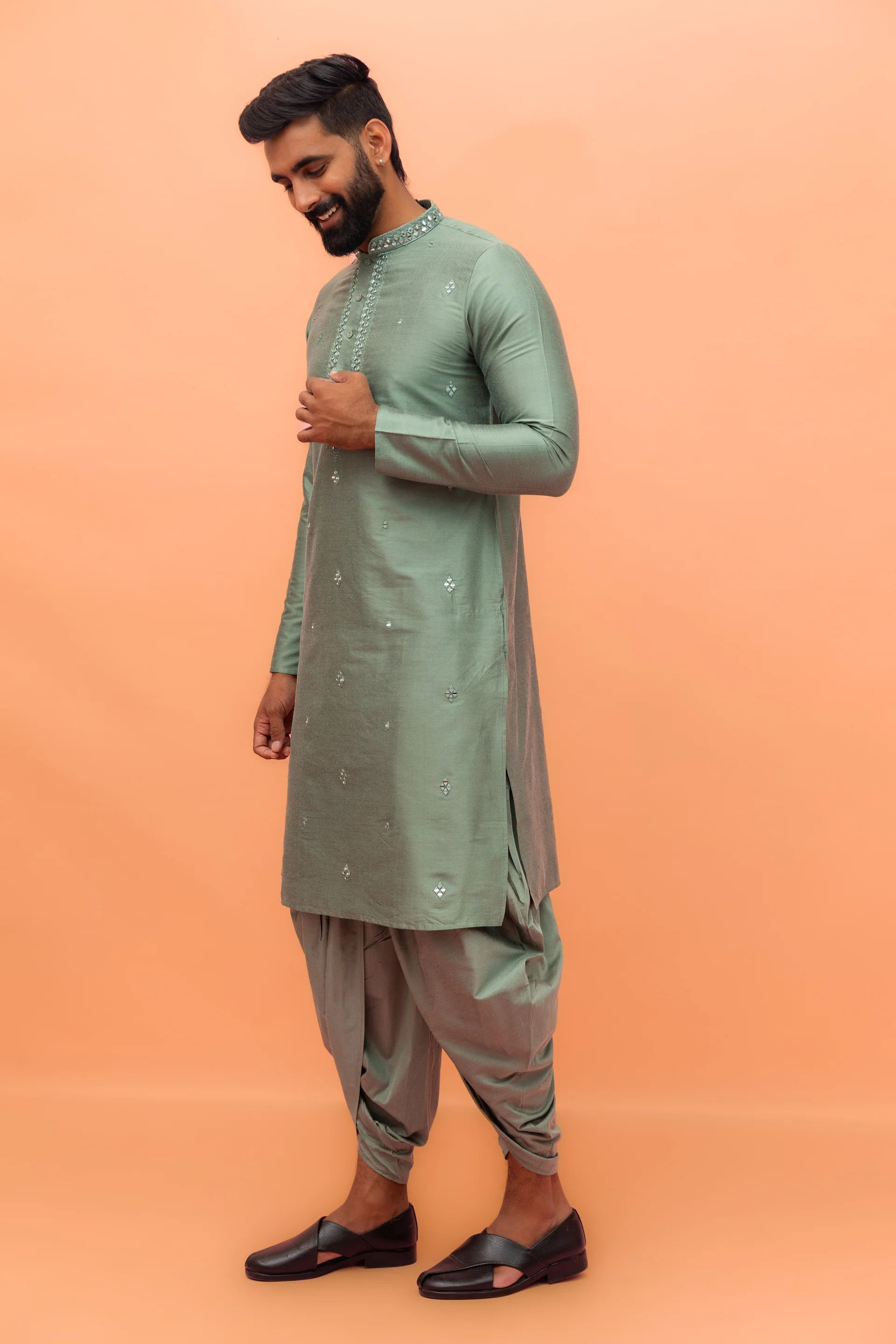 Green Cotton Blend Mirror Work Kurta Dhoti Set - Image 2