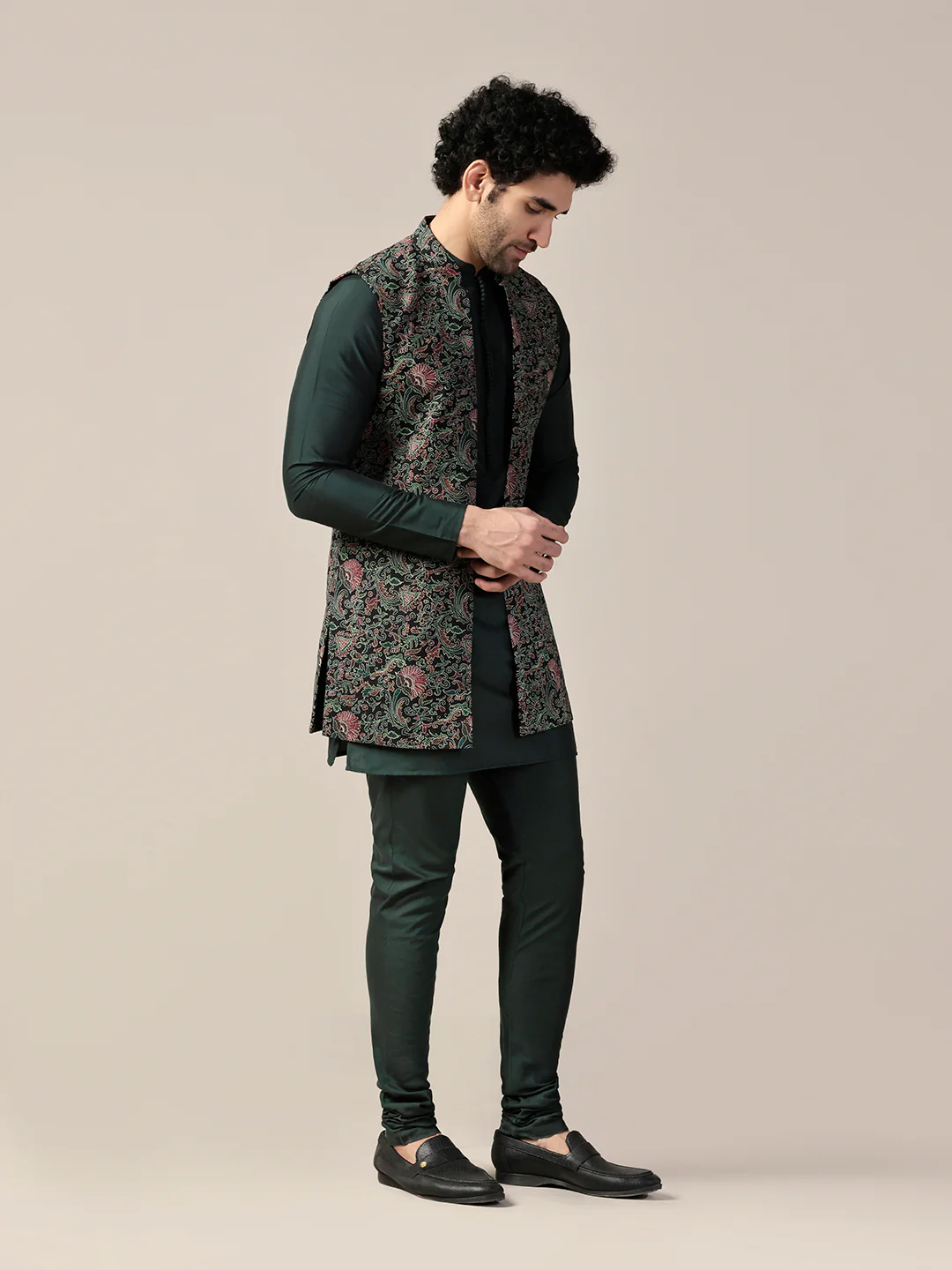 Green Cotton Printed Mid Kurta Front Open Jacket Churidar Set - Image 2
