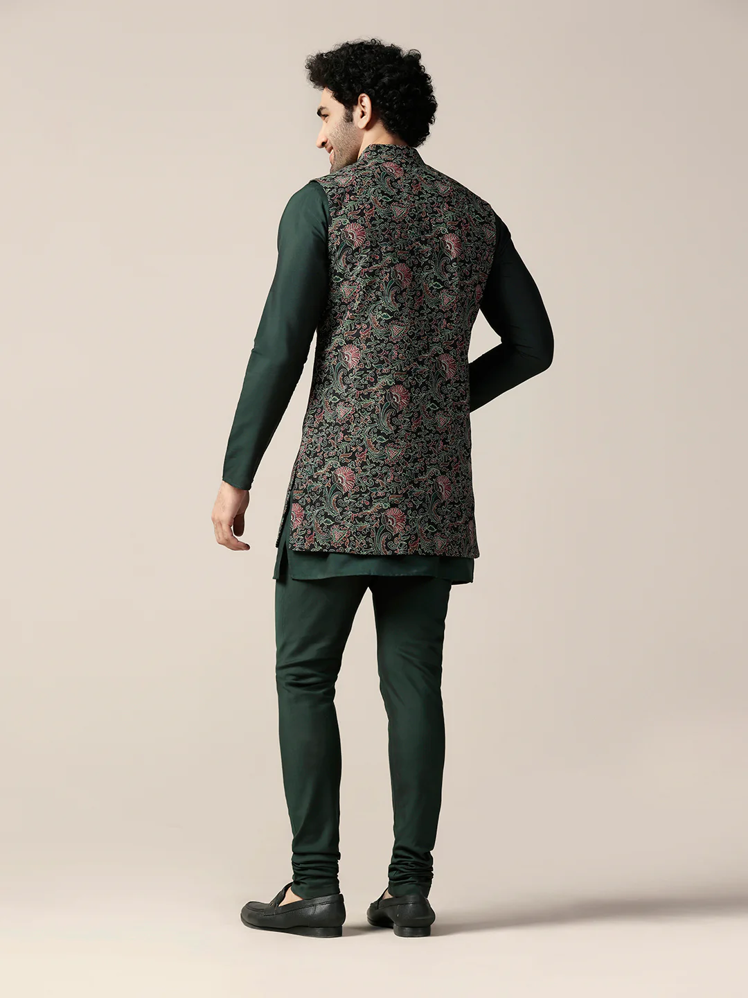 Green Cotton Printed Mid Kurta Front Open Jacket Churidar Set - Image 4