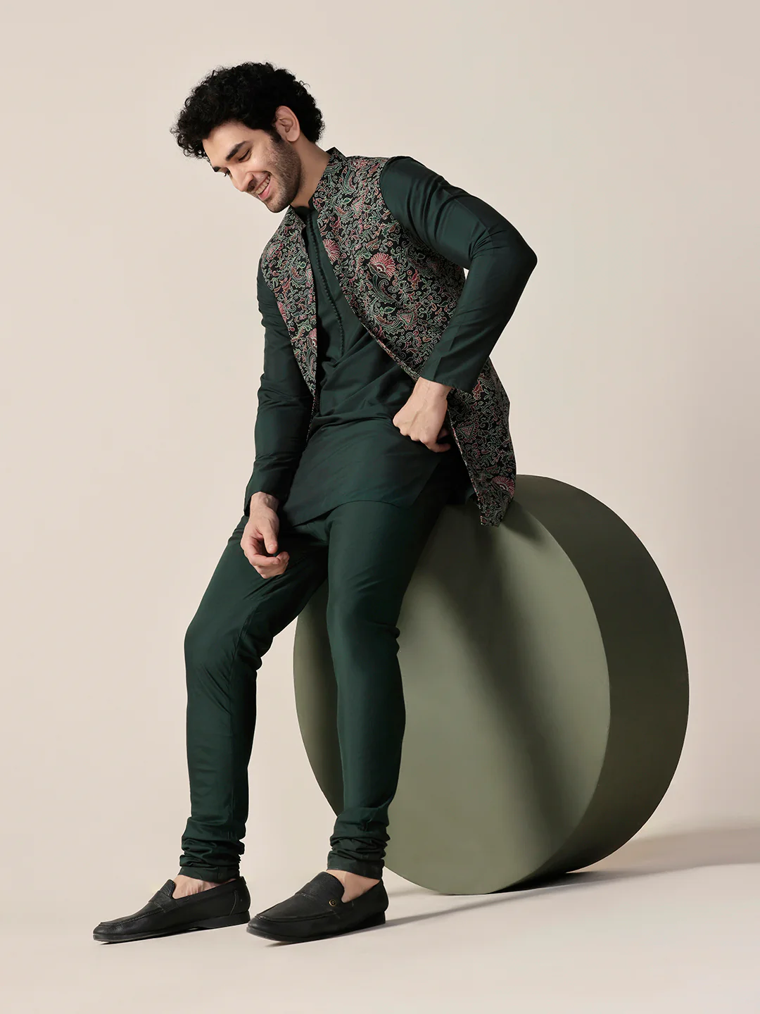 Green Cotton Printed Mid Kurta Front Open Jacket Churidar Set - Image 7