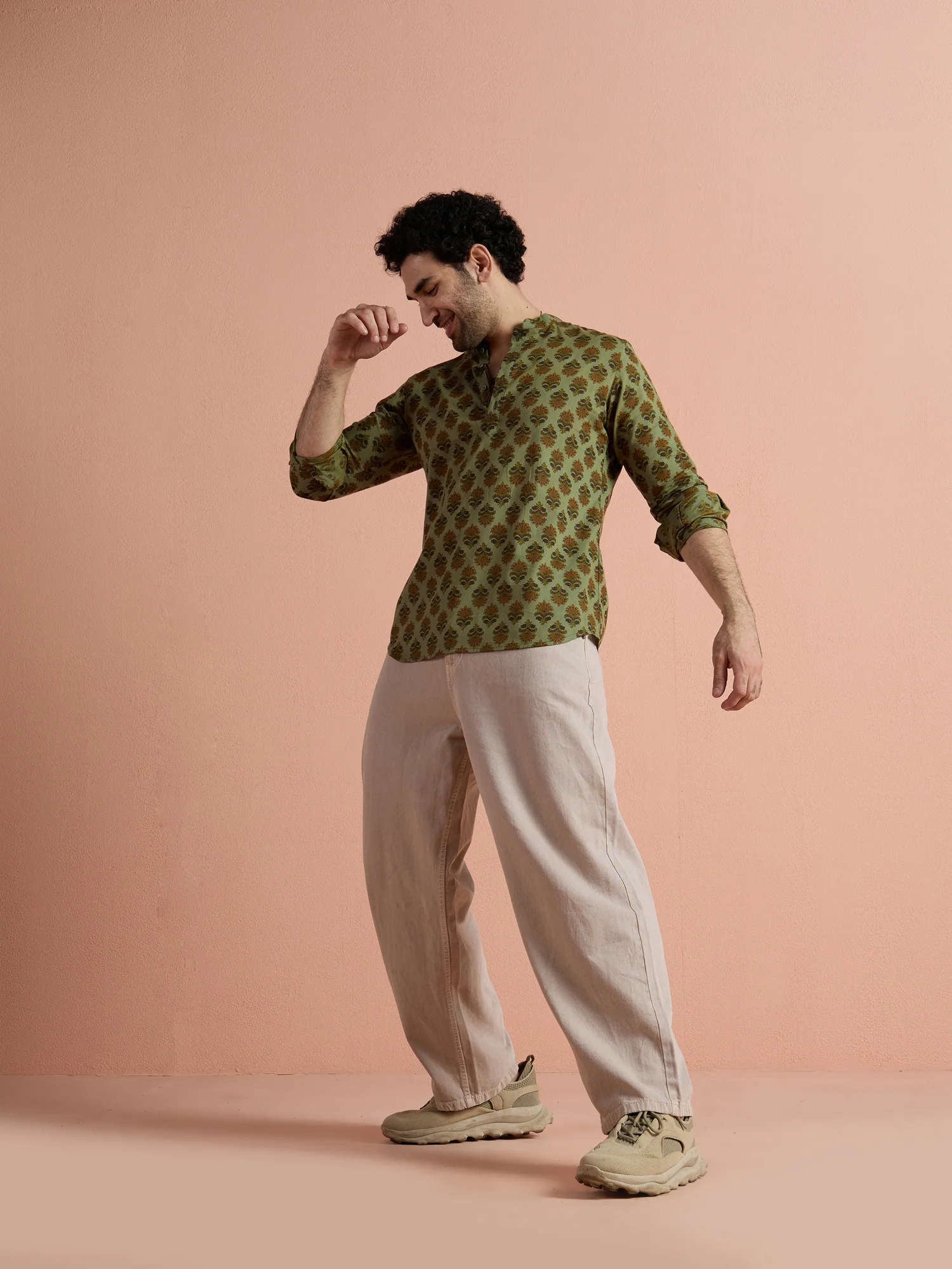 Green Cotton Printed Short Kurta - Image 3