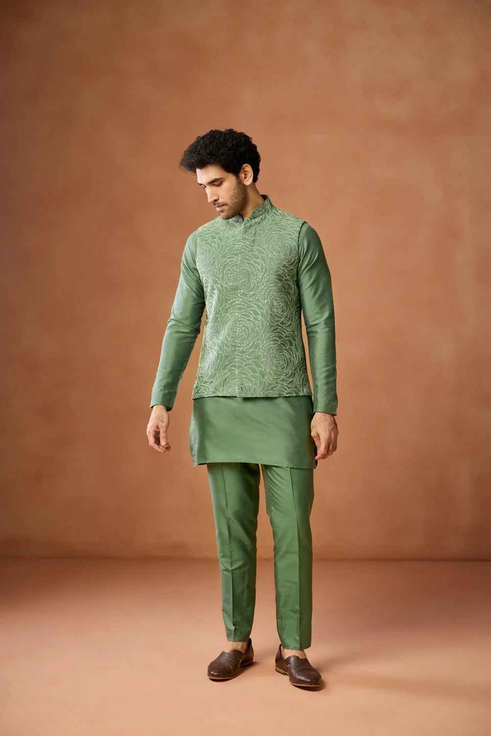 Green Embroidered Nehru Jacket - Image 3