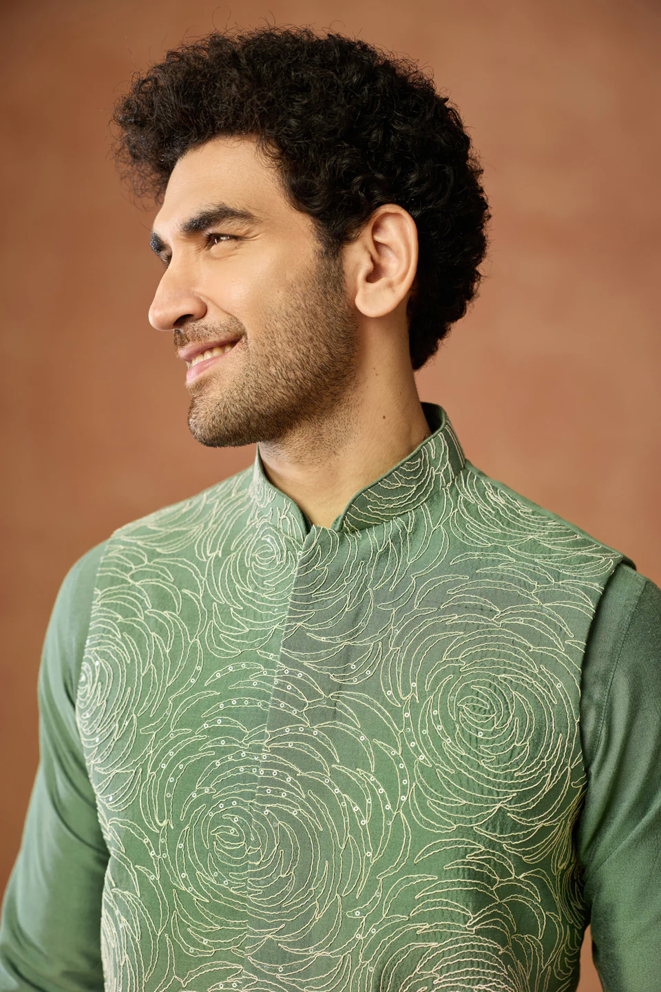 Green Embroidered Nehru Jacket - Image 5